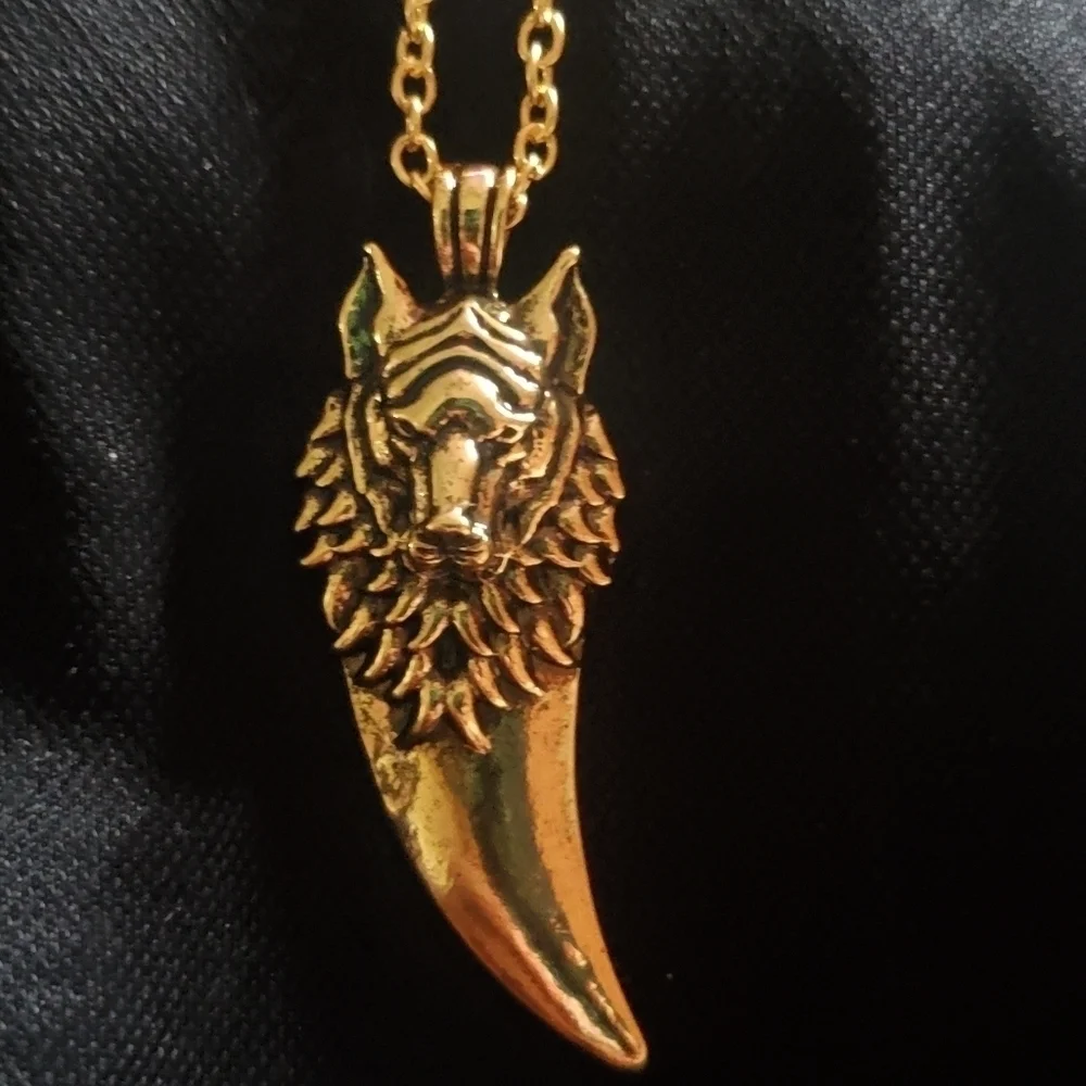 14K Gold Plated Stainless Steel Wolf Head Tooth Pendant Necklace